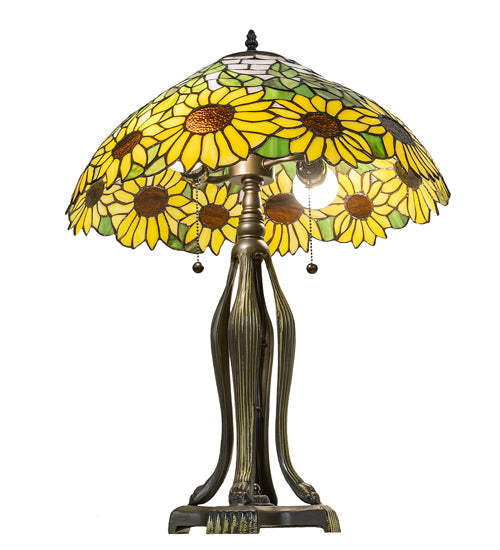 Meyda Lighting Wild Sunflower 25" 2-Light Antique Brass Table Lamp With Sunflower Shade Glass