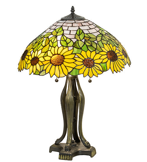 Meyda Lighting Wild Sunflower 25" 2-Light Antique Brass Table Lamp With Sunflower Shade Glass