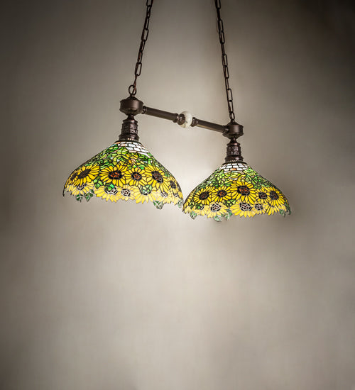 Meyda Lighting Wild Sunflower 35" 2-Light Mahogany Bronze Island Pendant Light With Multi-Colored Shade Glass