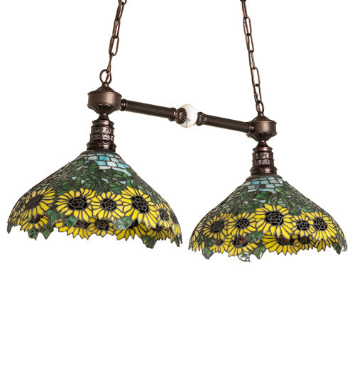 Meyda Lighting Wild Sunflower 35" 2-Light Mahogany Bronze Island Pendant Light With Multi-Colored Shade Glass