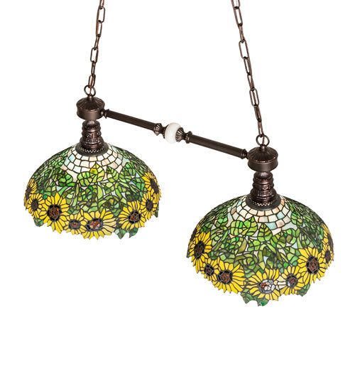 Meyda Lighting Wild Sunflower 35" 2-Light Mahogany Bronze Island Pendant Light With Multi-Colored Shade Glass