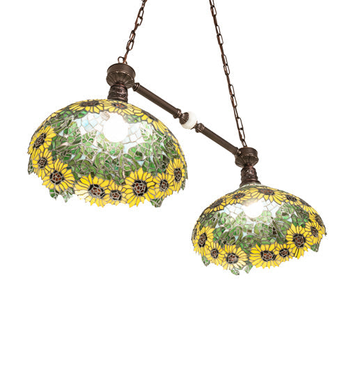 Meyda Lighting Wild Sunflower 35" 2-Light Mahogany Bronze Island Pendant Light With Multi-Colored Shade Glass