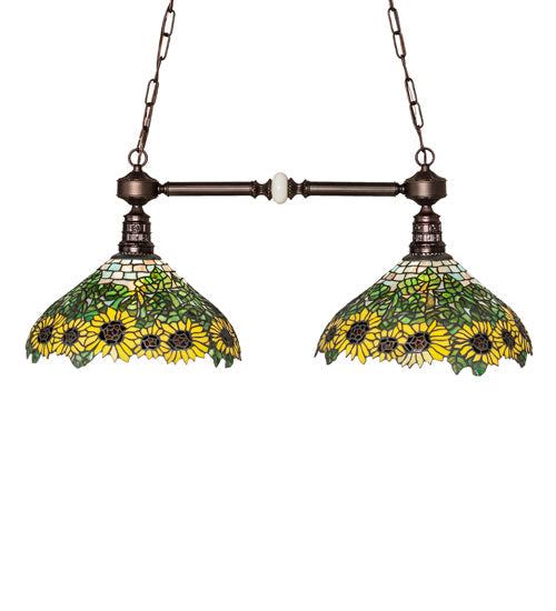 Meyda Lighting Wild Sunflower 35" 2-Light Mahogany Bronze Island Pendant Light With Multi-Colored Shade Glass