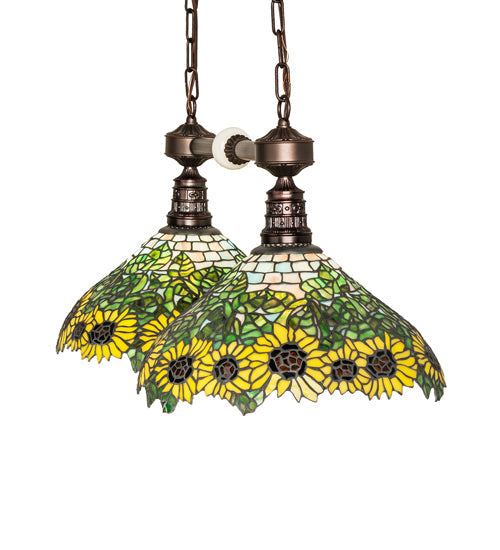 Meyda Lighting Wild Sunflower 35" 2-Light Mahogany Bronze Island Pendant Light With Multi-Colored Shade Glass