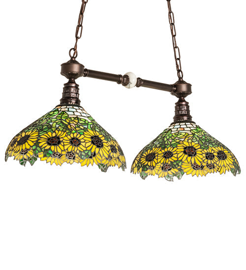 Meyda Lighting Wild Sunflower 35" 2-Light Mahogany Bronze Island Pendant Light With Multi-Colored Shade Glass