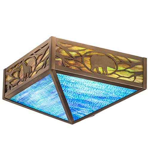 Meyda Lighting Wildlife 26" 4-Light Antique Copper Flush Mount Light With Multi-Colored Shade Glass