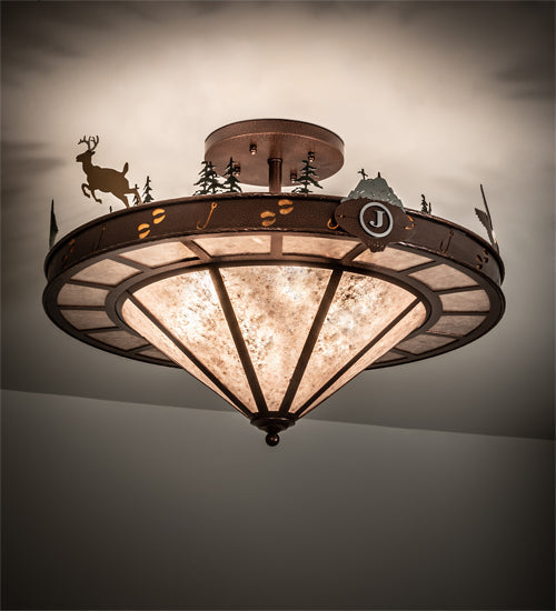 Meyda Lighting Wildlife 32" 6-Light New Copper Vein Personalized Semi-flush Mount Light With Silver & Amber Mica Shade Glass