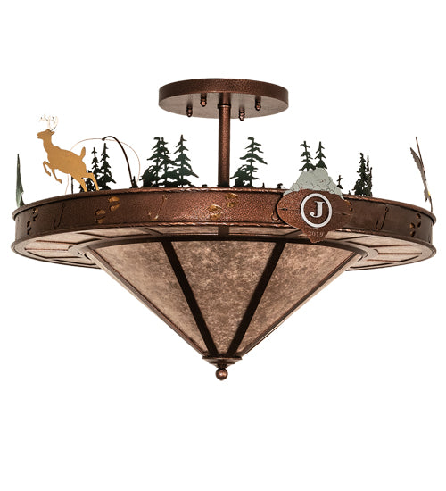 Meyda Lighting Wildlife 32" 6-Light New Copper Vein Personalized Semi-flush Mount Light With Silver & Amber Mica Shade Glass