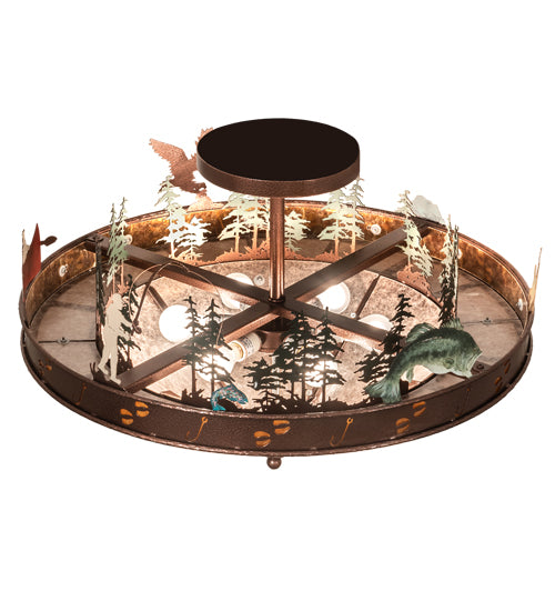 Meyda Lighting Wildlife 32" 6-Light New Copper Vein Personalized Semi-flush Mount Light With Silver & Amber Mica Shade Glass