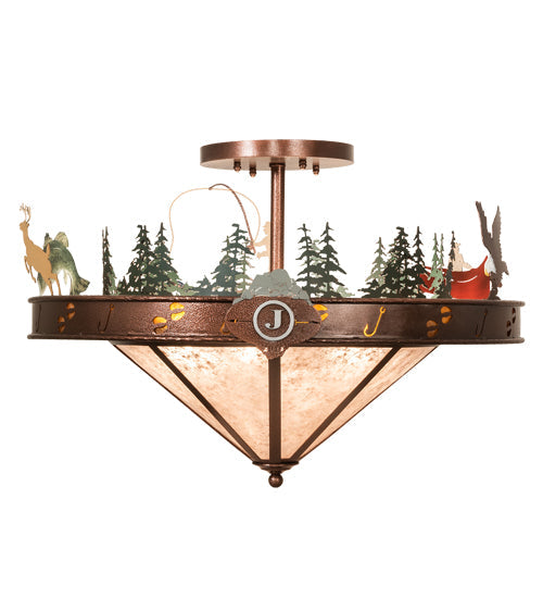 Meyda Lighting Wildlife 32" 6-Light New Copper Vein Personalized Semi-flush Mount Light With Silver & Amber Mica Shade Glass
