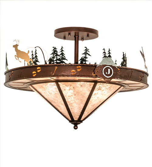 Meyda Lighting Wildlife 32" 6-Light New Copper Vein Personalized Semi-flush Mount Light With Silver & Amber Mica Shade Glass