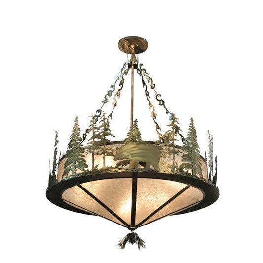 Meyda Lighting Wildlife 62" 10-Light Antique Copper Inverted Pendant Light With Silver Mica Shade Glass