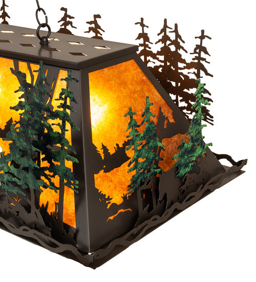 Meyda Lighting Wildlife Through the Trees 50" 6-Light Timeless Bronze & Green Trees Island Pendant Light With Amber Mica Shade Glass