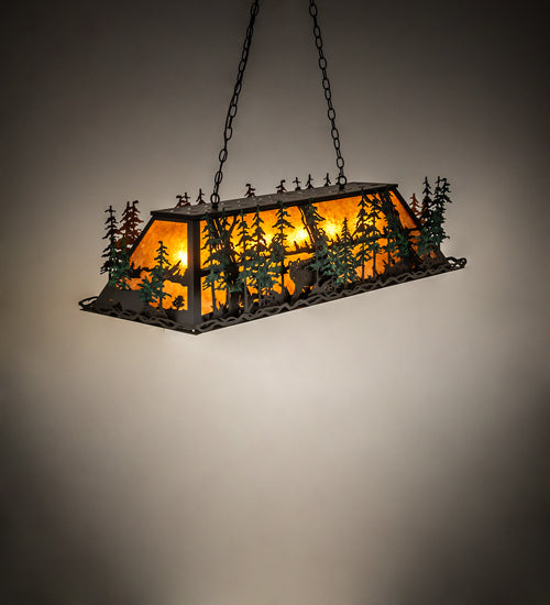 Meyda Lighting Wildlife Through the Trees 50" 6-Light Timeless Bronze & Green Trees Island Pendant Light With Amber Mica Shade Glass