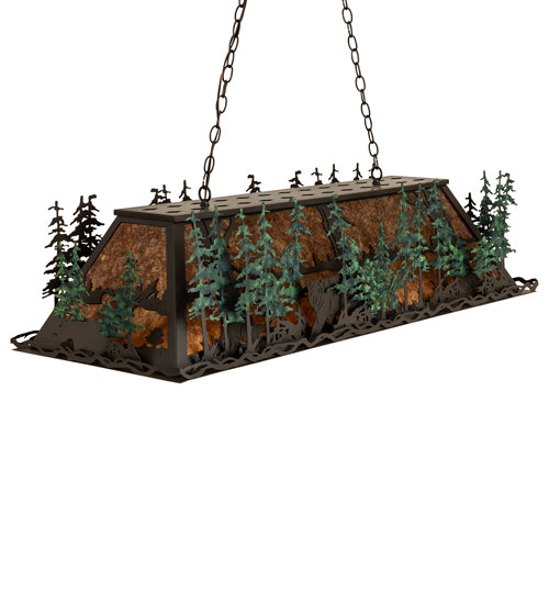 Meyda Lighting Wildlife Through the Trees 50" 6-Light Timeless Bronze & Green Trees Island Pendant Light With Amber Mica Shade Glass