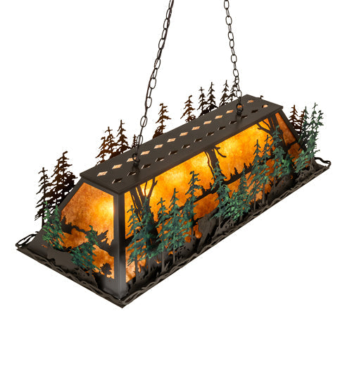 Meyda Lighting Wildlife Through the Trees 50" 6-Light Timeless Bronze & Green Trees Island Pendant Light With Amber Mica Shade Glass