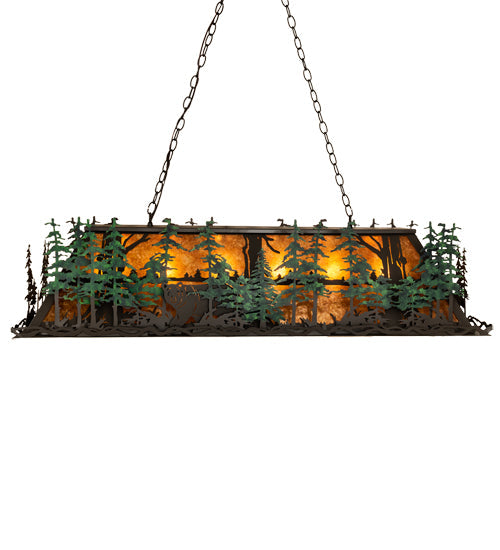 Meyda Lighting Wildlife Through the Trees 50" 6-Light Timeless Bronze & Green Trees Island Pendant Light With Amber Mica Shade Glass