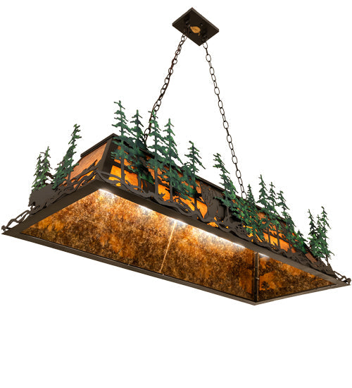 Meyda Lighting Wildlife Through the Trees 50" 6-Light Timeless Bronze & Green Trees Island Pendant Light With Amber Mica Shade Glass