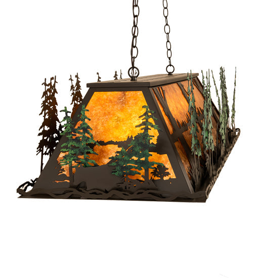 Meyda Lighting Wildlife Through the Trees 50" 6-Light Timeless Bronze & Green Trees Island Pendant Light With Amber Mica Shade Glass