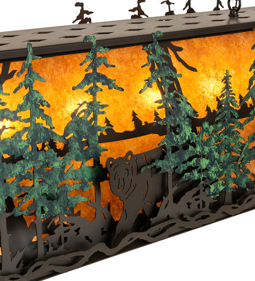 Meyda Lighting Wildlife Through the Trees 50" 6-Light Timeless Bronze & Green Trees Island Pendant Light With Amber Mica Shade Glass