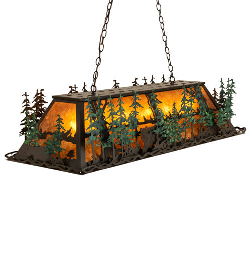 Meyda Lighting Wildlife Through the Trees 50" 6-Light Timeless Bronze & Green Trees Island Pendant Light With Amber Mica Shade Glass
