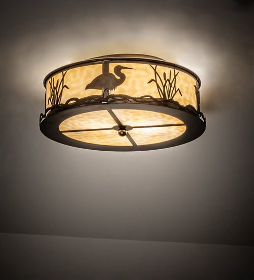Meyda Lighting Wildlife at Dawn 18" 2-Light Antique Copper Flush Mount Light With Beige Art Shade Glass