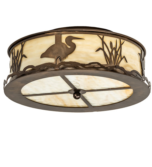 Meyda Lighting Wildlife at Dawn 18" 2-Light Antique Copper Flush Mount Light With Beige Art Shade Glass