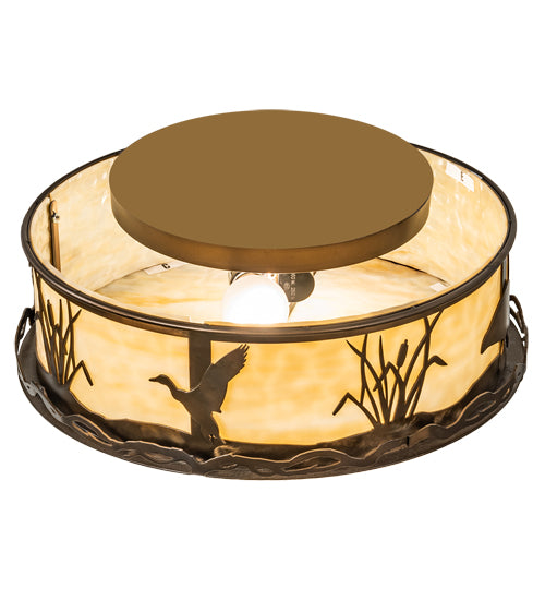 Meyda Lighting Wildlife at Dawn 18" 2-Light Antique Copper Flush Mount Light With Beige Art Shade Glass