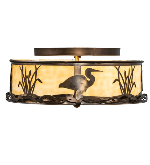 Meyda Lighting Wildlife at Dawn 18" 2-Light Antique Copper Flush Mount Light With Beige Art Shade Glass