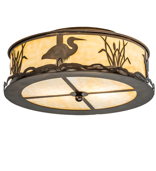 Meyda Lighting Wildlife at Dawn 18" 2-Light Antique Copper Flush Mount Light With Beige Art Shade Glass
