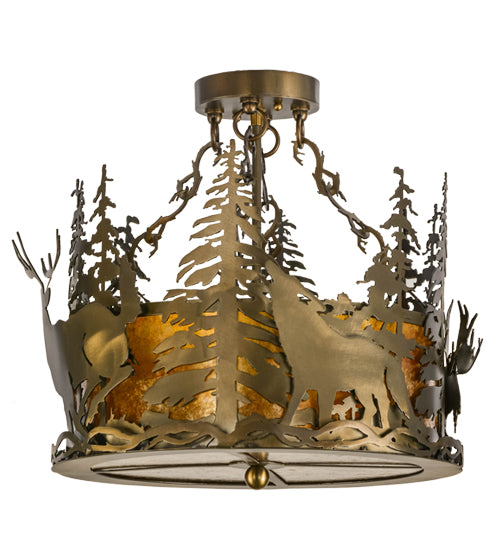 Meyda Lighting Wildlife at Dusk 19" 2-Light Antique Copper Semi-flush Mount Ceiling Light With Amber Mica Shade Glass