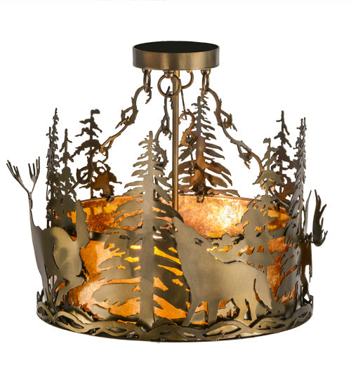 Meyda Lighting Wildlife at Dusk 19" 2-Light Antique Copper Semi-flush Mount Ceiling Light With Amber Mica Shade Glass