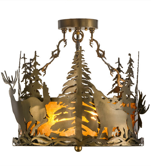Meyda Lighting Wildlife at Dusk 19" 2-Light Antique Copper Semi-flush Mount Ceiling Light With Amber Mica Shade Glass
