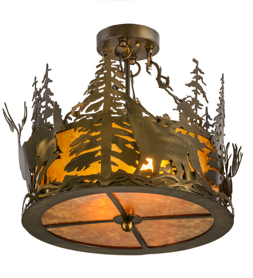 Meyda Lighting Wildlife at Dusk 19" 2-Light Antique Copper Semi-flush Mount Ceiling Light With Amber Mica Shade Glass