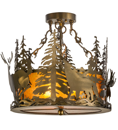 Meyda Lighting Wildlife at Dusk 19" 2-Light Antique Copper Semi-flush Mount Ceiling Light With Amber Mica Shade Glass