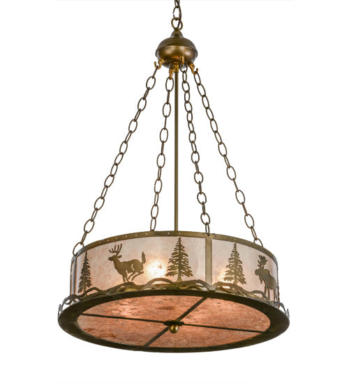 Meyda Lighting Wildlife at Dusk 22" 4-Light Antique Copper Inverted Pendant Light With Silver Mica Shade Glass