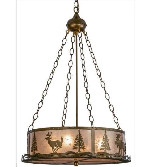 Meyda Lighting Wildlife at Dusk 22" 4-Light Antique Copper Inverted Pendant Light With Silver Mica Shade Glass