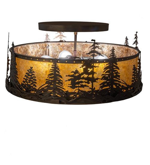 Meyda Lighting Wildlife at Dusk 22" 4-Light Dark Burnished Antique Copper Semi-flush Mount Light With Amber Mica Shade Glass