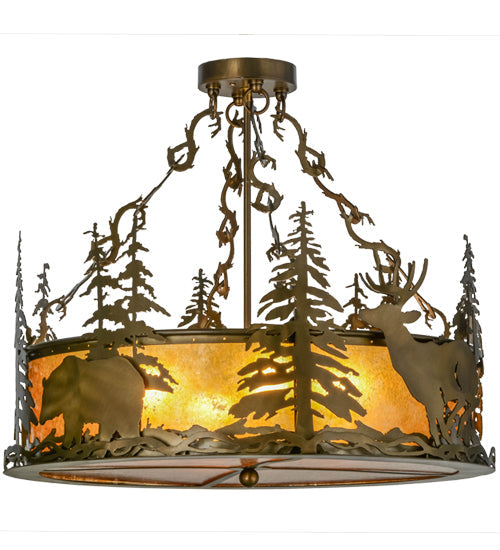 Meyda Lighting Wildlife at Dusk 24" 4-Light Antique Copper Semi-flush Mount Ceiling Light With Amber Mica Shade Glass