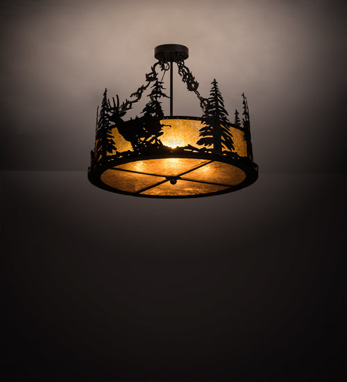 Meyda Lighting Wildlife at Dusk 24" 4-Light Textured Black Semi-flush Mount Light With Amber Mica Shade Glass
