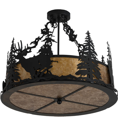 Meyda Lighting Wildlife at Dusk 24" 4-Light Textured Black Semi-flush Mount Light With Amber Mica Shade Glass