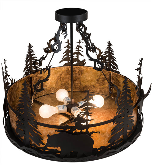 Meyda Lighting Wildlife at Dusk 24" 4-Light Textured Black Semi-flush Mount Light With Amber Mica Shade Glass