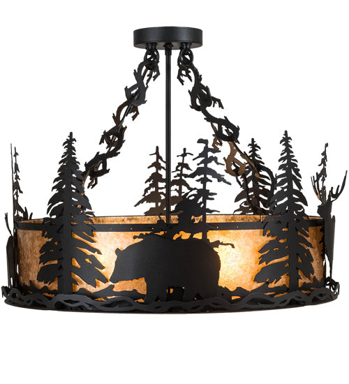 Meyda Lighting Wildlife at Dusk 24" 4-Light Textured Black Semi-flush Mount Light With Amber Mica Shade Glass