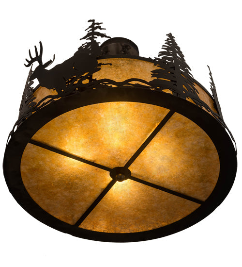 Meyda Lighting Wildlife at Dusk 24" 4-Light Textured Black Semi-flush Mount Light With Amber Mica Shade Glass