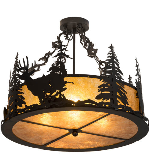 Meyda Lighting Wildlife at Dusk 24" 4-Light Textured Black Semi-flush Mount Light With Amber Mica Shade Glass