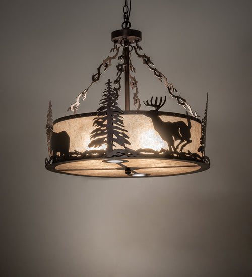 Meyda Lighting Wildlife at Dusk 26" 6-Light Mahogany Bronze Inverted Pendant Light With Silver Mica Shade Glass