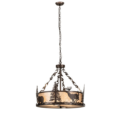 Meyda Lighting Wildlife at Dusk 26" 6-Light Mahogany Bronze Inverted Pendant Light With Silver Mica Shade Glass