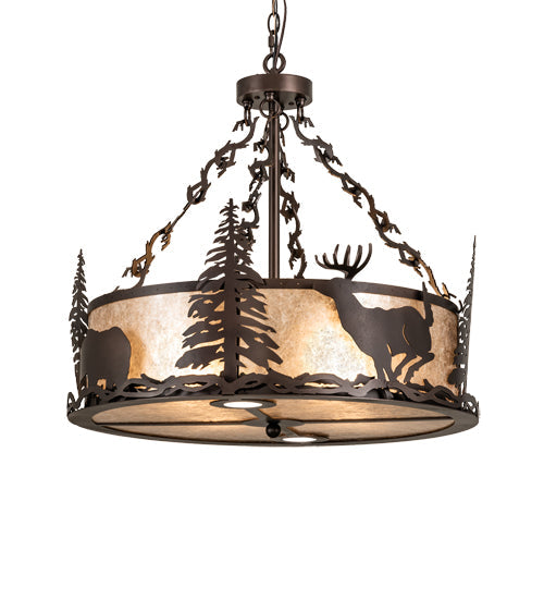 Meyda Lighting Wildlife at Dusk 26" 6-Light Mahogany Bronze Inverted Pendant Light With Silver Mica Shade Glass
