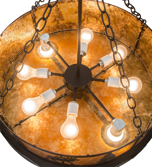Meyda Lighting Wildlife at Dusk 26" 8-Light Textured Black Inverted Pendant Light With Amber Mica Shade Glass