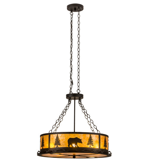 Meyda Lighting Wildlife at Dusk 26" 8-Light Textured Black Inverted Pendant Light With Amber Mica Shade Glass
